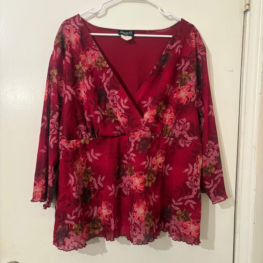 Vintage Y2K BIYAYCDA Red Fairycore Floral Mesh V-Neck Empire Waist Blouse Top 3X